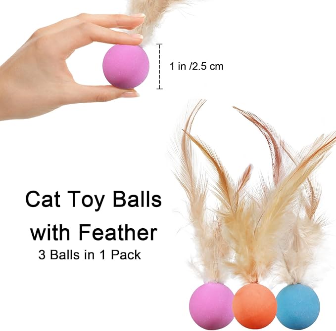 Cat Toys Balls with Feathers, 3 Pcs Interactive Cat Bouncy Balls for Indoor Cats and Playful Kittens, Rubber Kitten Ball Toys for Interactive Playing, Chase Training and Hunting Exercise
