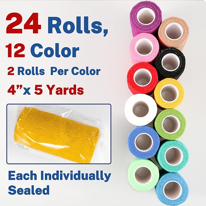 24 Pack Self Adhesive Bandage Wrap, 4” x 5 Yards Elastic Cohesive Bandage Wrap Self Adherent Medical Tape for Sports, Ankle, Wrist Sprains, Pet First Aid, Vet Wrap