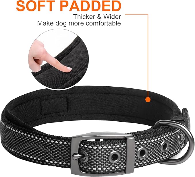 Fida Heavy Duty Dog Collar, Ultra Comfortable Soft Neoprene Padded, Adjustable Reflective Nylon Pet Collar with Durable Metal Belt Buckle for Small Breeds (S, Black)