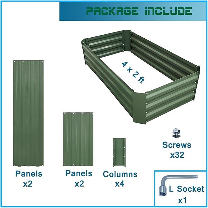 4x2x1ft Metal Raised Garden Bed Kit，Galvanized Garden Bed Box for Vegetables, Flowers, Herbs, and Succulents,60 Gallon Capacity - Green
