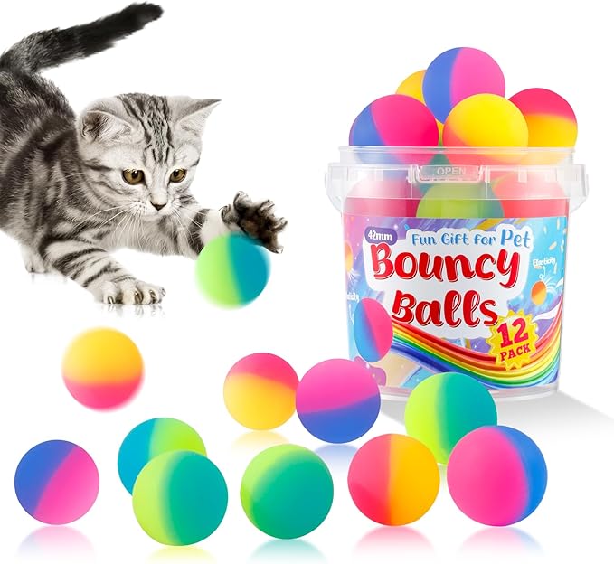 Cat Toy Bouncy Balls, 12 Pack 1.65 Inch High Elasticity Bouncing Balls for Cats, Colorful Interactive Pet Toy Gift for Puppy Kitty Indoor Play and Exercise