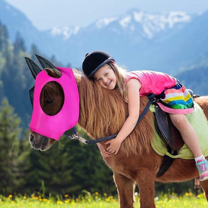 Frienda 4 Pcs Horse Fly Masks with Ears Head Fly Masks for Horses Smooth Elastic UV Protection Cover from Summer Insect Pests(Large,Purple, Blue, Pink, Black)