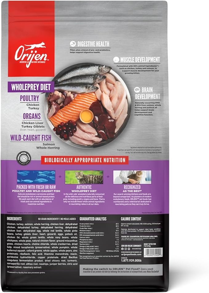 ORIJEN Grain Free High Protein Premium Dry Cat Food Kitten Recipe 7lb Bag