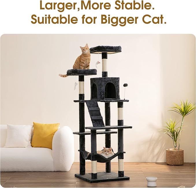 MWPO 70.1-Inch Large Cat Tree, Multi-Level Tall Cat Tower for Indoor Cats, Plush Cat Condo with Big Padded Perches, Sisal-Covered Scratching Posts, Hammock, Toys for Kittens & Cats - Smoky Grey