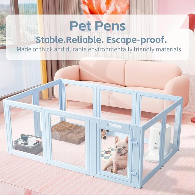 Clear Acrylic Dog Playpen,Transparent DIY Dog Pen,Easy Assembly and Disassembly,Indoor and Outdoor Use,Simple Cleansing Fence (Sky Blue, 60CM, 12 Panel)