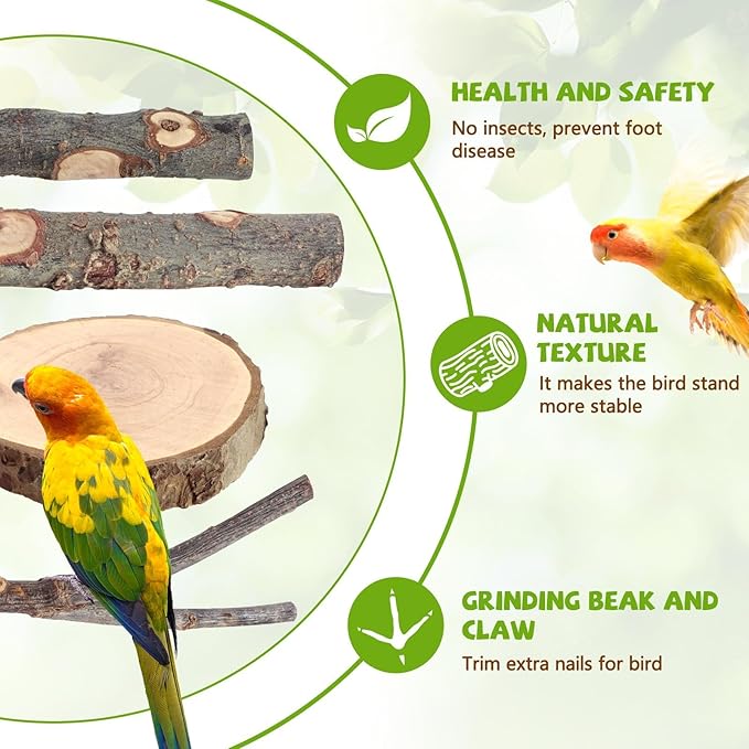 Natural Wood Bird Perches for Cage, Parrot Perch Stand & Platform, Bird Cage Accessories for Parakeets, Cockatiels, Conures, Lovebirds (Brown, Deluxe Playground Set - 12PCS)
