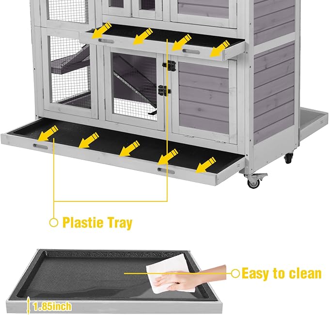 Aivituvin Rabbit Hutch Indoor, Bunny Cage with Wheels, 2-Story Design, 2 Deep Trays, Anti Slip Ramp, Ideal for Small Animals - Grey