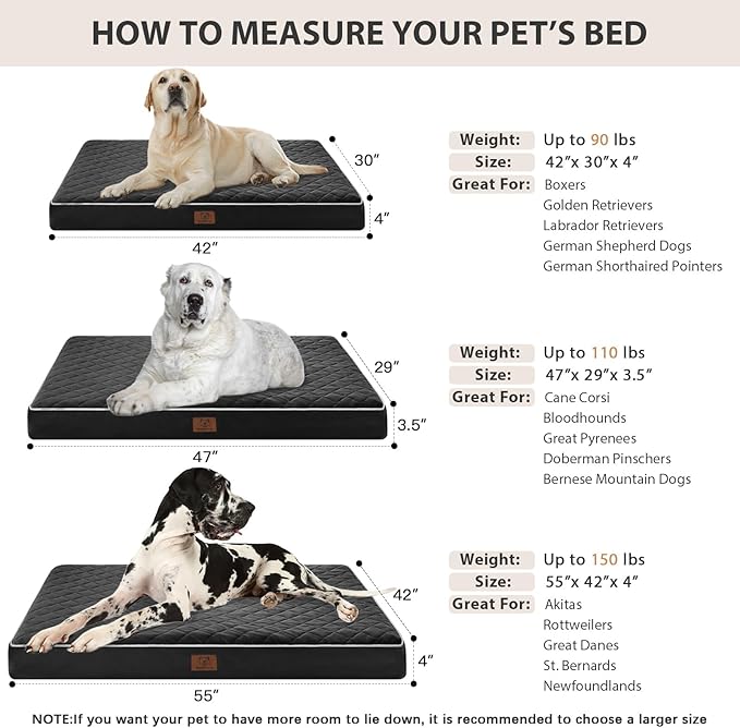 WNPETHOME Orthopedic XL Dog Beds Large Sized Dog, Waterproof Extra Large Dogs Bed with Removable Washable Cover, Multi-Needle Quilting Dogs Crate Bed
