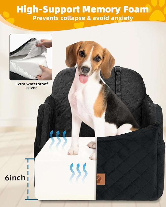 Car Seat Booster for Dog: High-Support Memory Foam Pet Car Seat for Small/Medium Dogs Under 35lbs with Elevated Cushion - Detachable Washable Puppy Travel Bed for Driving with Pockets (Black)