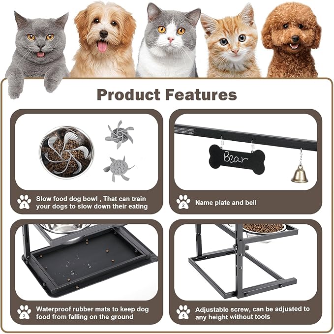 SHAINFUN Elevated Dog Bowls - Slow Feeder, Raised Stand with Two 1700ML Stainless Steel Bowls, Spill Proof Mat for Large & Medium Dogs