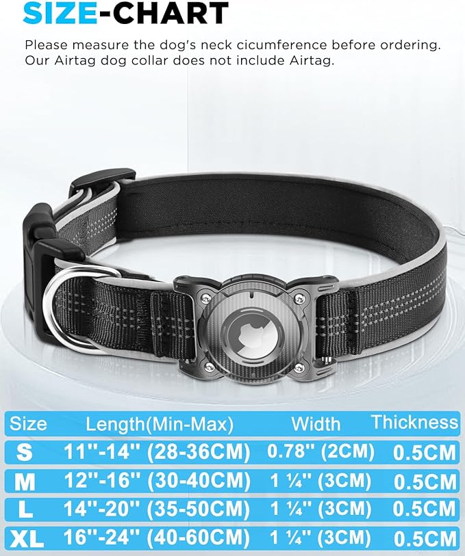 ONEONTA Airtag Dog Collar | Waterproof Airtag Dog Collar Holder with Removable Metal Loop - Airtag Collar Heavy Duty, Reflective, Ultra-Durable, Comfortable Padded, for Small Medium Large Dog, Blue M