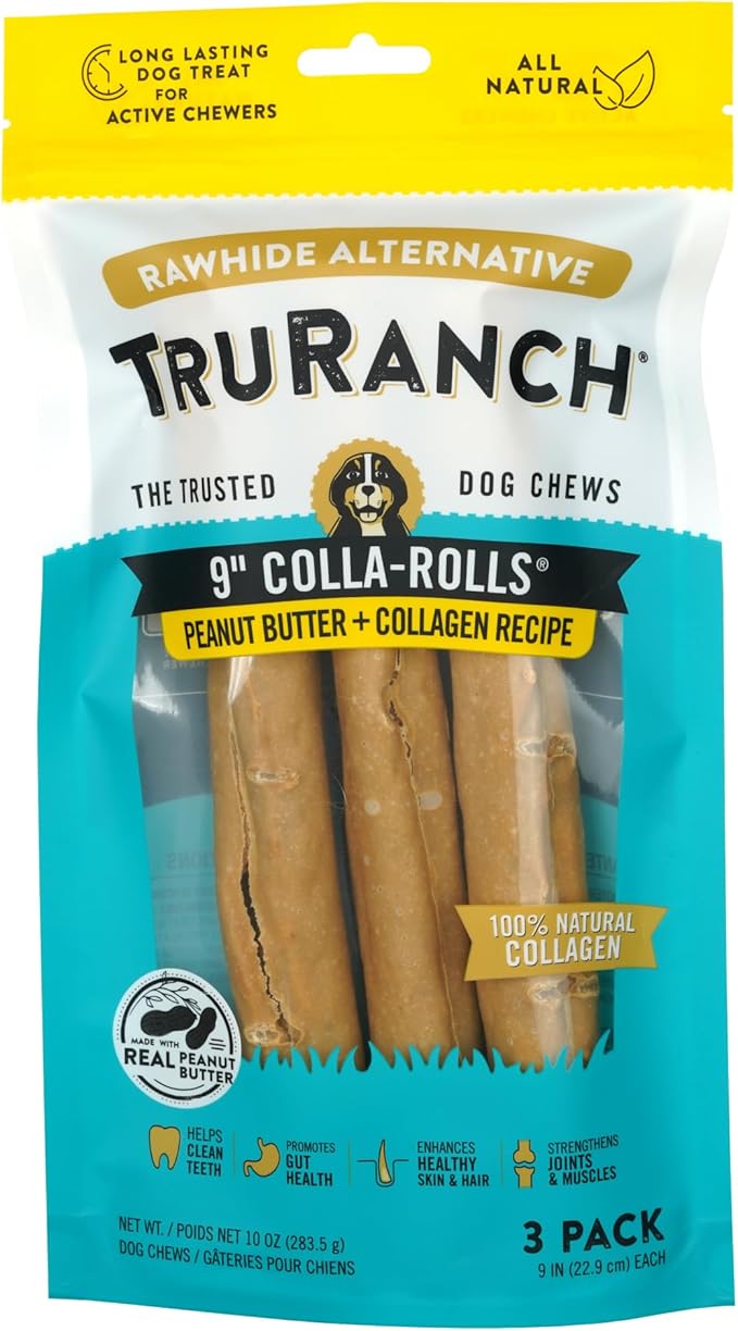 Collagen Rolls - 9" Collagen Rolls for Dogs - Long Lasting Healthy Joint Support Dog Treat - Rawhide Alternative - Skin & Coat Health - Made with Real Peanut Butter, 1 Bag, 3 Count