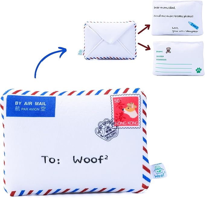 Hong Kong Airmail Soft Plush Nose-Work Squeaky Dog Toy - Durable & Cute 2-in-1 Envelope & Letter for Interactive Play, Extendable Cloth to Hide Food for Puzzle Fun, Small Medium Dogs
