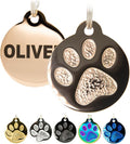 Engraved Pet Tag for Dogs and Cats - Personalized Front & Back up to 4 Lines of Text Custom Engraved ID, Round Paw Print Solid Plating Stainless Steel Rose Gold Regular
