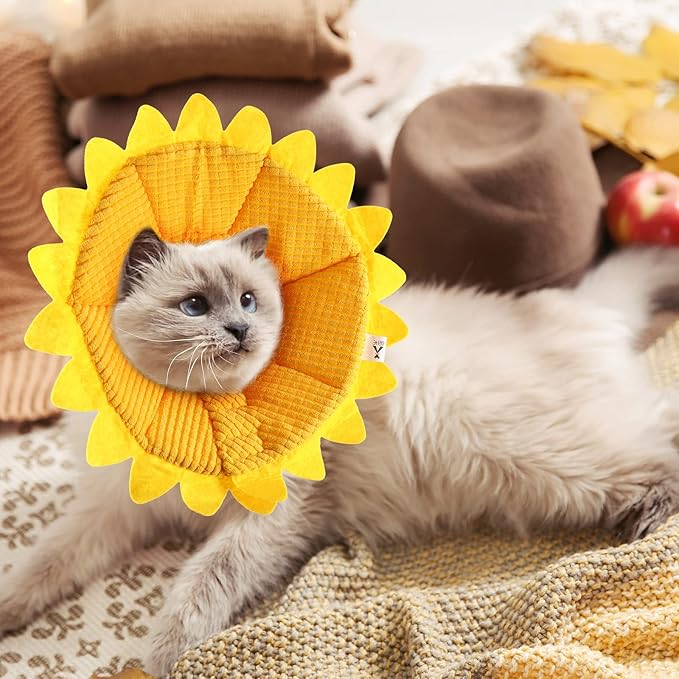 Sunflower Cat Recovery Cone Collar Soft Cotton Pet Cone Collar Adjustable Sunflower Elizabeth Postoperative Protection for Cats and Dogs(Small)