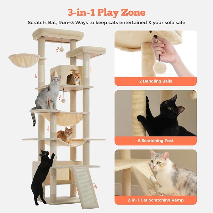Large Cat Tree for Big Cats & Multi-Cat Homes, 81 Inch Tall Cat Tower with Sturdy Metal Hammock, 6 Sisal Scratching Posts, 2 Cozy Condos, 2 Top Perches - Multi-Level Cat Tower, Beige