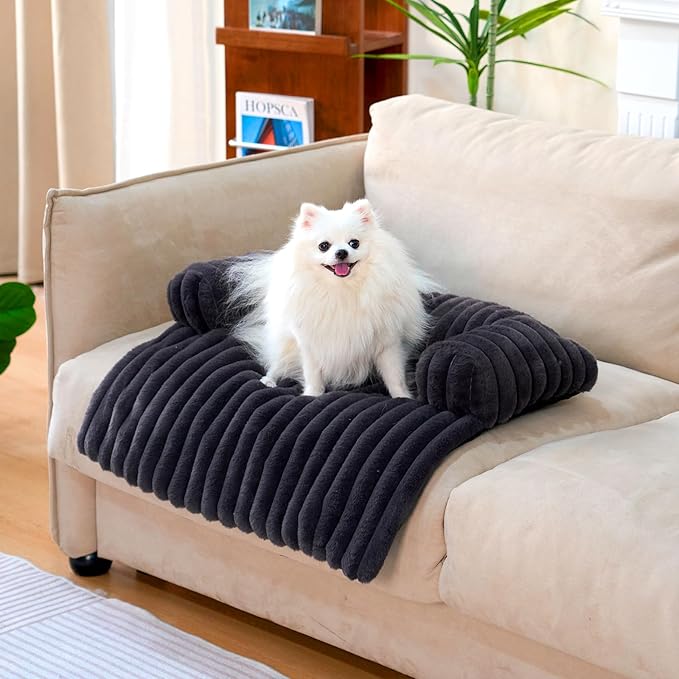 FUNNY FUZZY Pet Couch Cover for Sofa, Calming Dog Bed for Couch, Fluffy Plush Cat Bed Mat for Furniture Protector for Small Dogs and Kitten, 27×24 in, Dark Grey