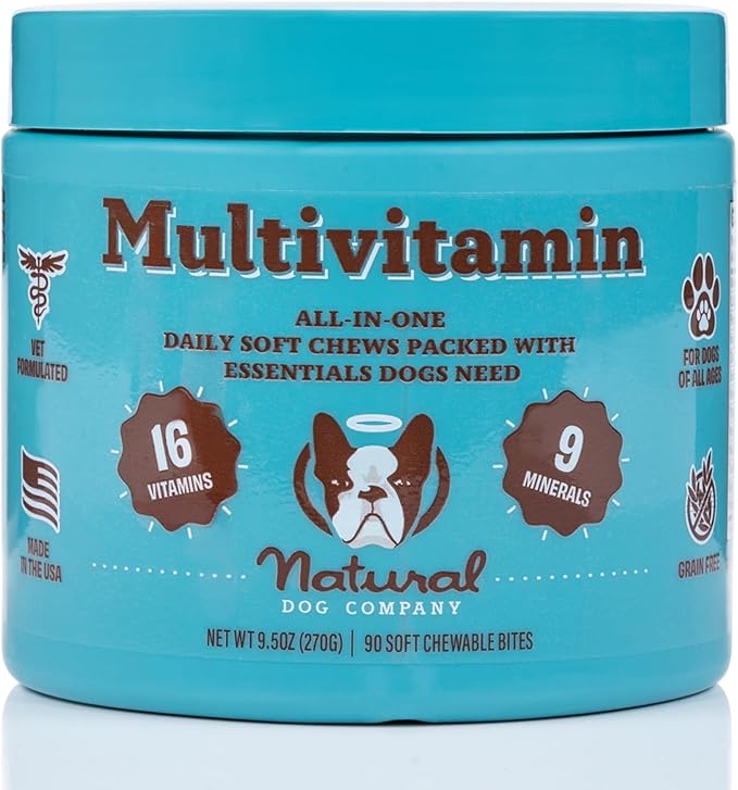 Natural Dog Company 25 in 1 Multivitamin for Dogs – Daily Soft Chews with Vitamins, Minerals & Antioxidants, Immune & Joint Support, for All Ages, Sizes & Breeds, Bacon & Peanut Butter – 90 Count
