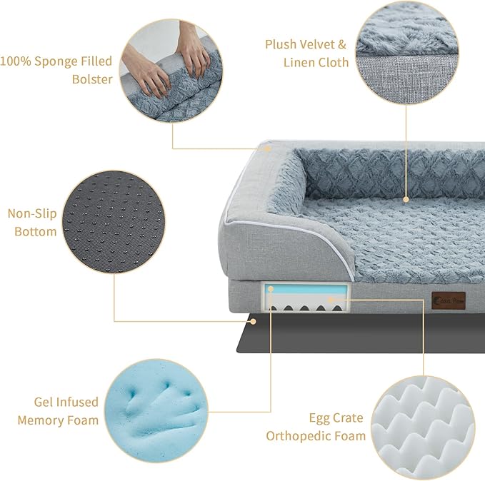 Orthopedic XXL Dog Bed for Extra Large Dogs, Waterproof Memory Foam Dog Beds with Sides, Egg-Crate Foam and Non-Slip Bottom Dogs Couch Beds with Washable Removable Cover(XX-Large,Light Grey)