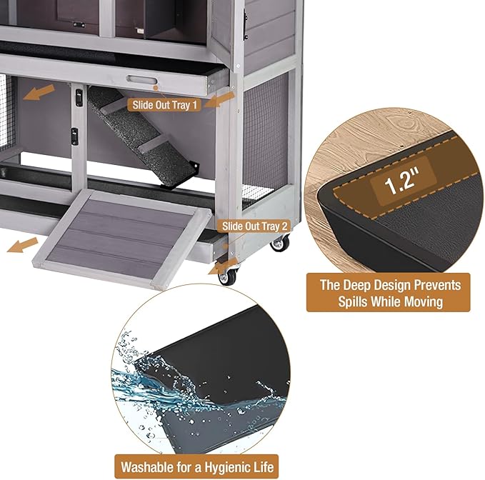 Rabbit Hutch Indoor Outdoor, Bunny Cage with Casters, Guinea Pig Cage Bunny Hutch with Two Plastic Trays 36inch