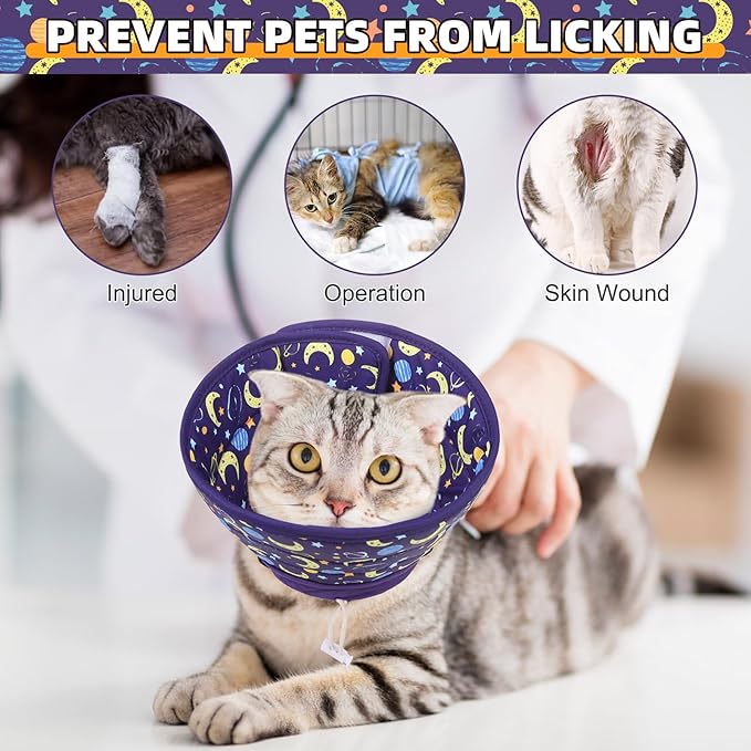 KOOLTAIL Cat Cone Collar, Adjustable Soft Comfortable Cat Recovery Collar to Stop Licking, Foldable Donut Water Resistant Pet Cone for Small Large Cats Kittens After Surgery Star M