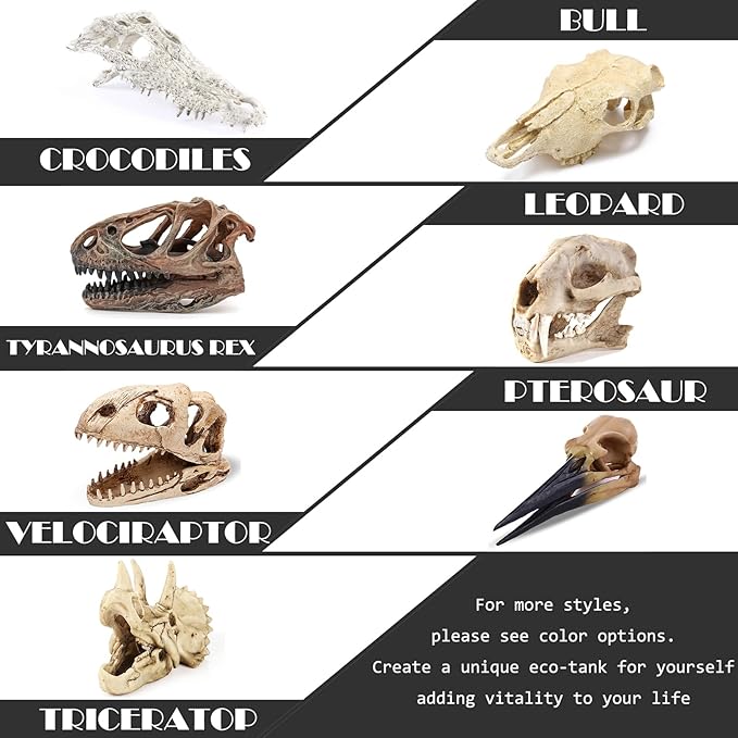 Animal Skull Fish Aquarium Hideout Decorations Cave Dinosaur Reptile Ornament Halloween Décor for Terrarium Large Betta Decor Bones