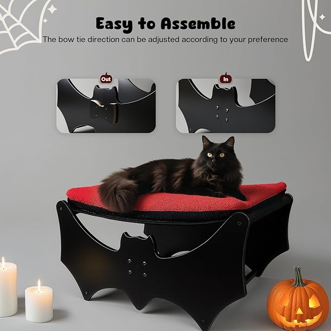 Halloween Gothic Cat Bed with Bat Design, Wooden Elevated Cat Beds with Sisal Scratching Mat, Cats Scratcher Bed with Removable Fluffy Cushion, Raised Pet Bed for Large Cats, 22" L x 17.7" W, Black