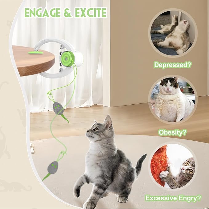 Cat Toy Interactive for Indoor Cats, Smart USB Rechargeable Door Hanging Automatic Retractable Kitten Toys, Teaser Electronic Self Play Feather Cat String Toy Attached with 3 Catnip Mice Green