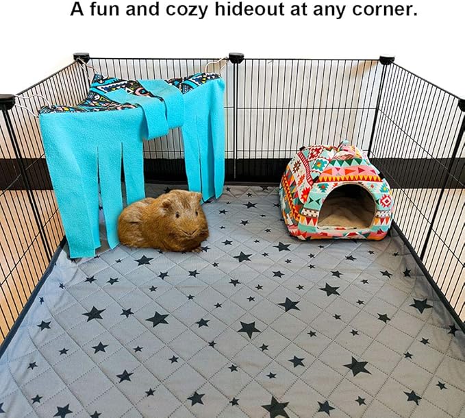 RIOUSSI Guinea Pig Hideout Hideaway Corner Fleece Toys Cage Accessories with Reversible Sides, Geo/Gray+Blue x 1 Curtain