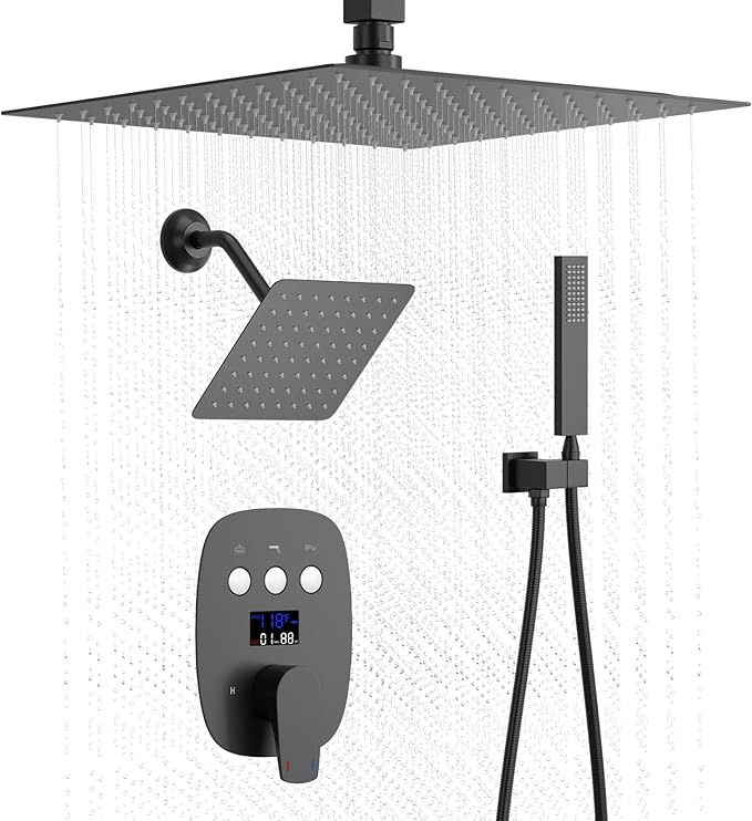 Shower Faucet Set Matte Black Temperature Display Shower System, Push Button Shower Faucet with Dual Rain Shower Head(12 inch+8 inch), and Handheld Shower