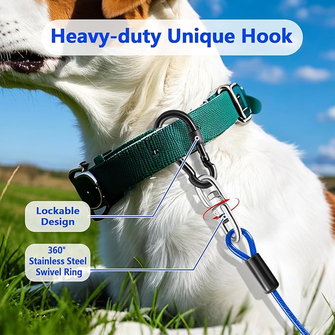 Heavy Duty Dog Tie Out Cable and Stake,16FT Rust Proof Dog Leads Tether for Yard with Swivel Hook,360°Swivel Spiral Dog Stake&Chain Up to 200 lbs,Removable Ground Anchor for Outdoor Beach Camping