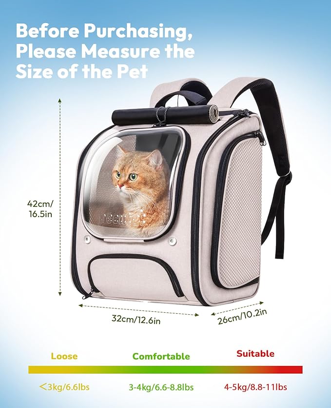 Pecute Cat Backpack Carrier, Large Space Cat Bubble Backpack, Breathable Cat Carrier, Shaded Dog Backpack Carrier, Ergonomic 3D Design for Travel, Hiking, Suitable for Shopping, and Vet, Khaki