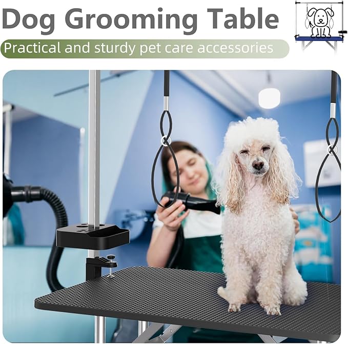 VFK 36" Dog Grooming Table,Foldable Pet Grooming Table for Dogs at Home Black Stainless Steel Bath Grooming Station with Adjustable Arm,Nooses, Mesh Tray,Tool Organizer