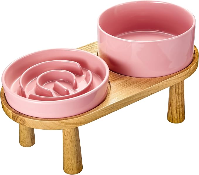 Ceramic Slow Feeder and Water Bowl Set for Medium and Large Dogs, Ceramic Dog Bowls Elevated with Wooden Stand, 2.0 Cups Dog Slow Feeder(30oz) and 70oz Water Bowl Set, Pink
