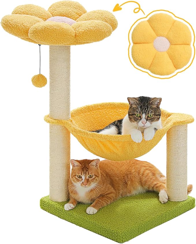 28" Flower Cat Tree Cute with Flower Top Perch, Large Hammock for Indoor Small Cats, Small Cat Tower with Cute Scratching Post and Fur Toy Ball for Kittens, Yellow