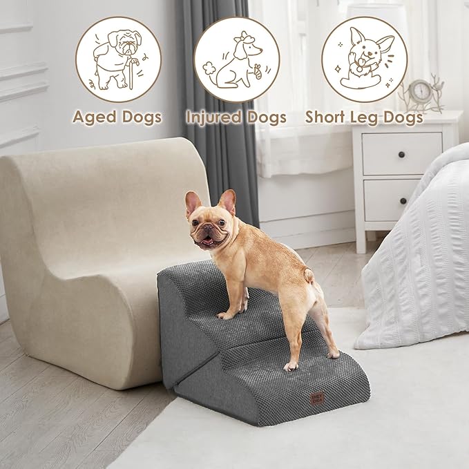 EHEYCIGA Curved Foldable Dog Stairs Ramp for Small Dogs 16" H, 3-Step Dog Steps for Couch Sofa and Chair, Pet Stairs for Cats, Non-Slip Balanced Pet Steps Indoor, Grey