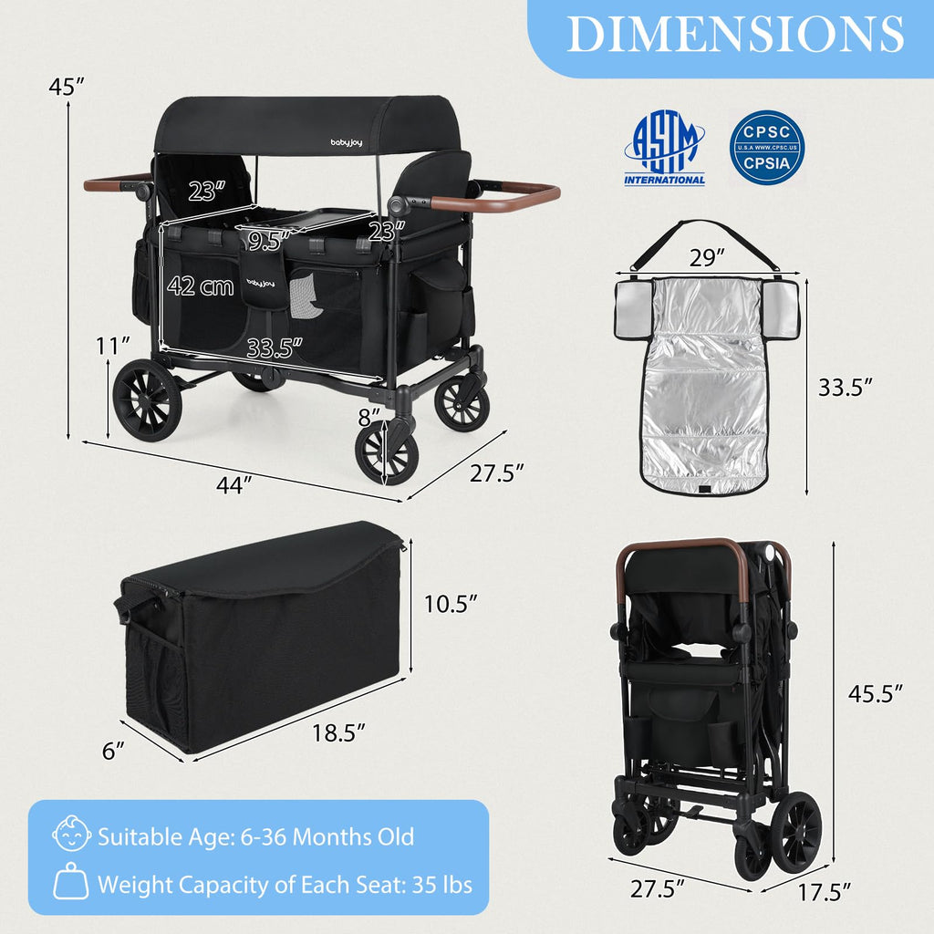 BABY JOY Wagon Stroller for 4 Kids, Foldable Stroller Wagon with Removable Canopy, Adjustable Handle, Snack Tray, Parent Organizer, 5-Point Safety Harness, Convertible Diaper Bag/Changing Pad (Black)