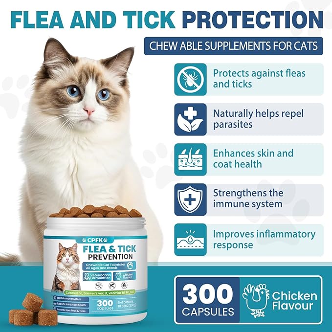Chewable Flea Treatment for Cats Flea and Tick Prevention for Cats Chewables Fleas Chewables for Cat of All Breeds and Ages 300 Chewable Tablets