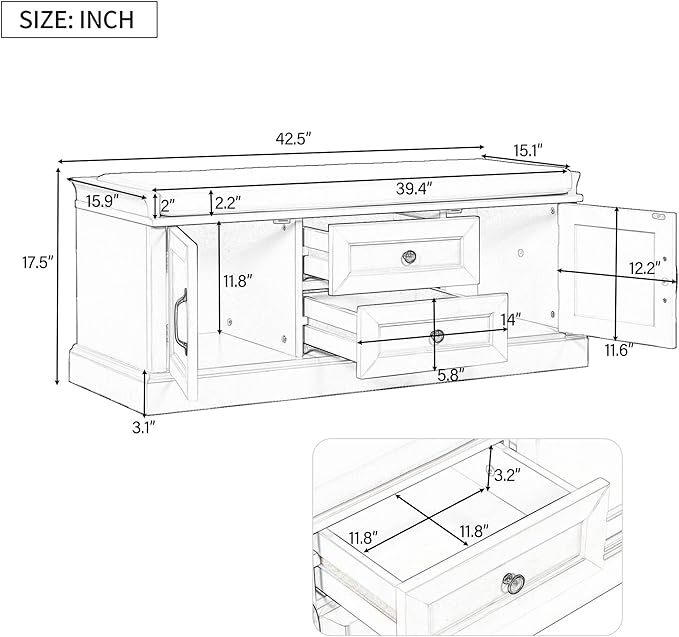 Storage Bench with 2 Drawers and 2 Cabinets, Pine Wood Shoe Bench with Removable Cushion for Living Room, Entryway 42.5" L x 15.9" W x 17.5" H (Antique Navy)