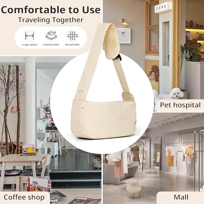 Dog Sling Carrier for Small Dogs and Cats, Lightweight Collapsible Pet Travel Bag with Adjustable Strap, Side Pockets & Breathable Mesh (Beige, 15.7" L x 5.9" W x 8.6" H)