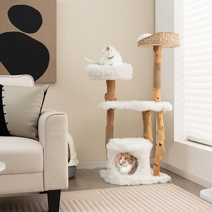 Tangkula Cat Tree Tower, Solid Wood Modern Cat Tower with Top Cattail Basket Bed, Side Perch, Large Platform & Condo, Cute Cat Tree with Scratching Posts for Indoor Cats Large Adult