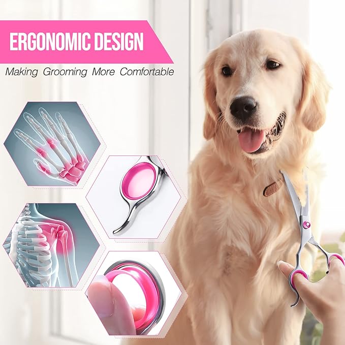 Gimars Dog Grooming Scissors Kit Professional 4CR with Safety Round Tip, 5 in 1 Heavy Duty Titanium Coated Thinning & Curved & Straight Shears