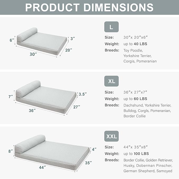 Tinaco Orthopedic Cooling Bed for Large Dogs & Cats, Removable Washable Cover (X-Large, White/Grey)