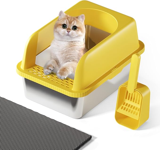 Stainless Steel Cat Litter Box with Lid, 20" L x 14.2" W x11.8 H, Large Cat Litter Box for Multiple Cats with High Sided, No-Leak & Stick, Easy to Clean, Includes Litter Mat & Multi Functional Scoop