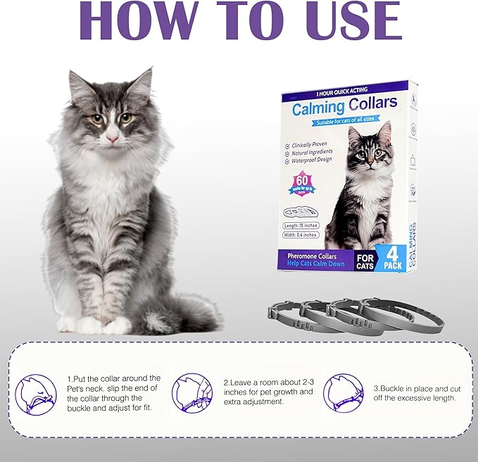 4 Pack Calming Collar for Cats - 60 Days Anxiety and Stress Relief, Relaxing Cat Collar, Adjustable Pheromones Collar for Cats，Natural Soothing for Continuous Calming
