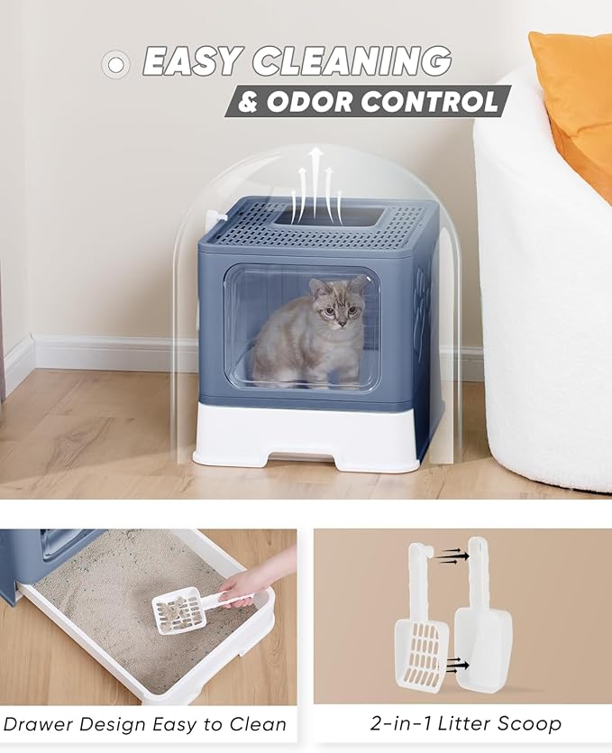 Enclosed Cat Litter Box, Large Litter Box for Big Cats, Covered Kitty Litter Boxes with Lid, Top Entry Cat Box Enclosure with Scoop, Odor Control, Easy to Clean(Blue)