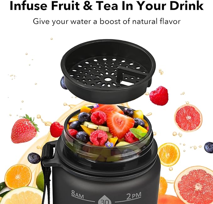 32oz Motivational Water Bottles with Time Marker & Fruit Strainer, Transparent Gradient Color Water Bottle with Times to Drink, Leakproof & BPA Free, Reusable Bottle with Strap (No Straw)