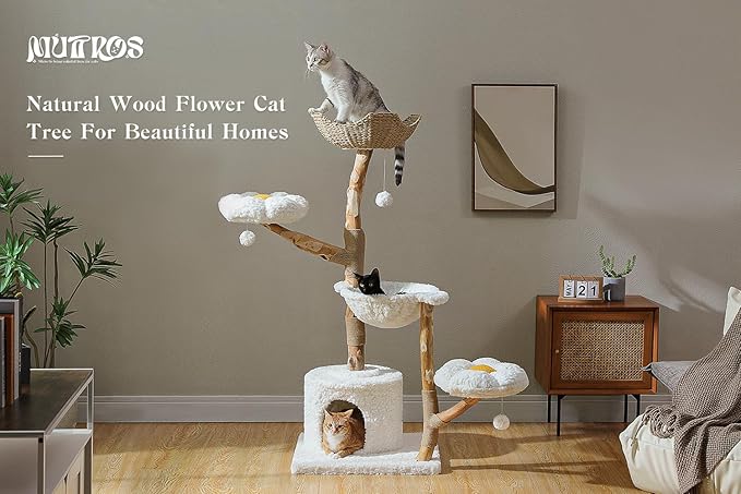 59" Modern Cat Tree Tower for Large Cats w/2 Flower Perches-Natural Solid Wood Scratching Post with Real Branch-Luxury Boho Cat Furniture w/Condo & Wicker Basket Bed, Cloud White