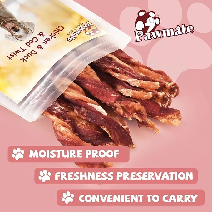 Dog Jerky Treats Triple Flavor Chicken Duck Wrapped Cod Twisted Sticks 5'', Rawhide Free Grain Free Dog Training Snacks Chews for Small Medium Large Dogs, 10.6 oz