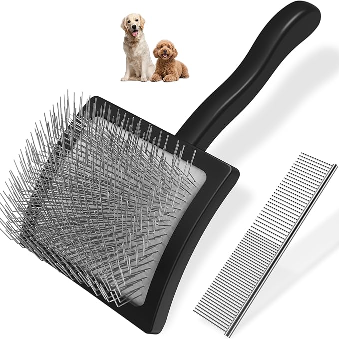 2PCS Slicker Brush for Dogs & Pet Comb,Professional Dog Grooming Brush (Goldendoodles,Poodles,Labradoodles) with Extra Long Pins to Effectively Remove Tangles, Knots and Mats (Black)